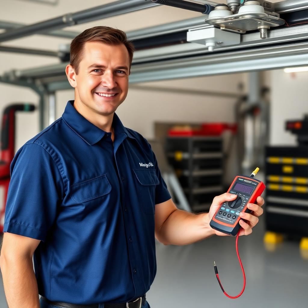 Professional garage door technician from Yakima Garage Doors testing safety features